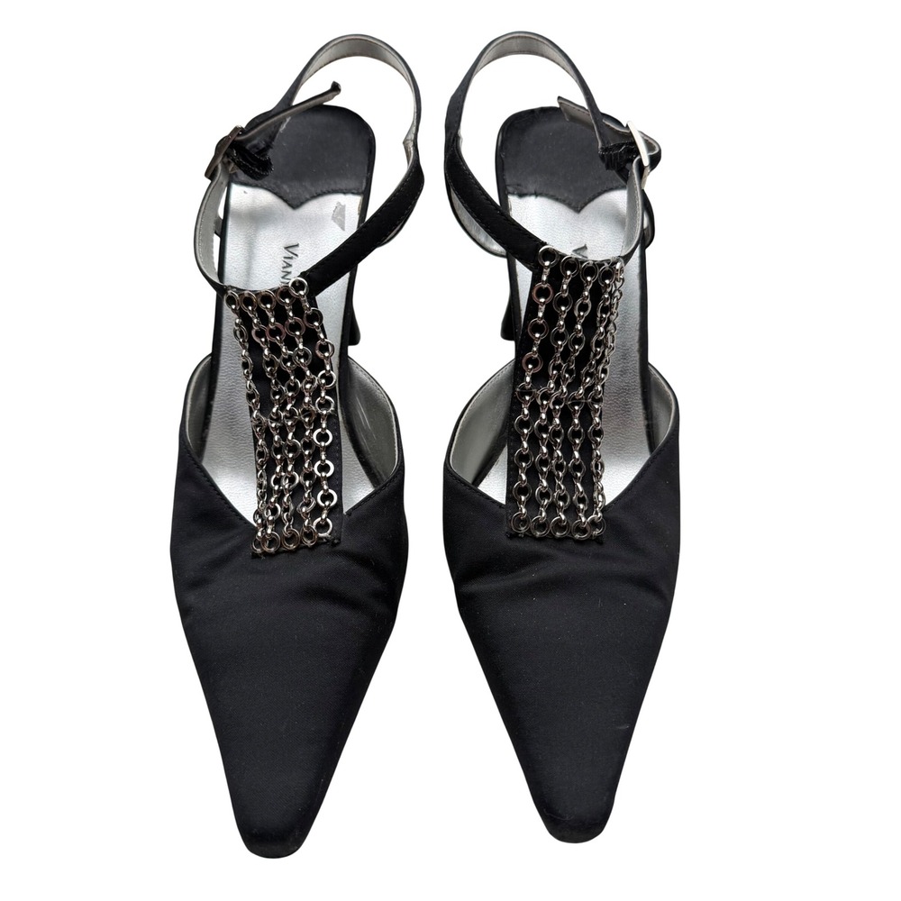 Vianni Collection Slingback Heels Silver Chain T-Strap Y2K Glam Mob Wife Black 8